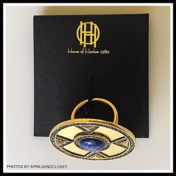 HOUSE OF HARLOW PAVE CRYSTAL LAPIS STONE RING A2C - Picture 4 of 8